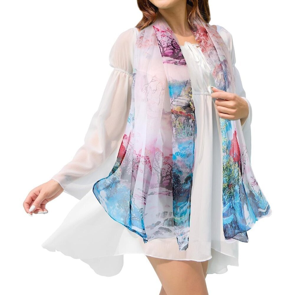 Women's Beige Fashion Lightweight Head Scarf Floral Print Chiffon Scarves